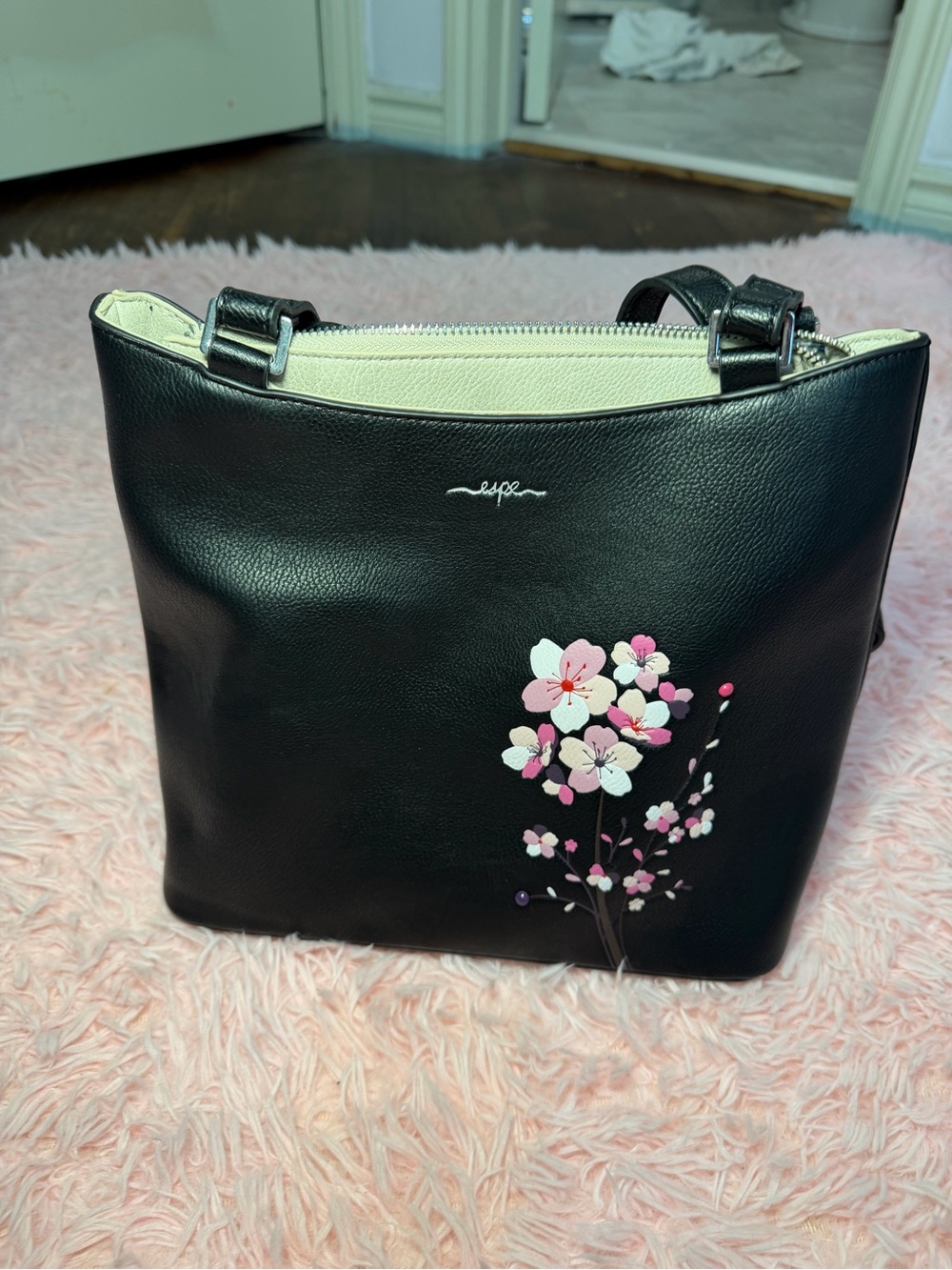Black Floral Bag/Backpack with Pink Blossom Detail